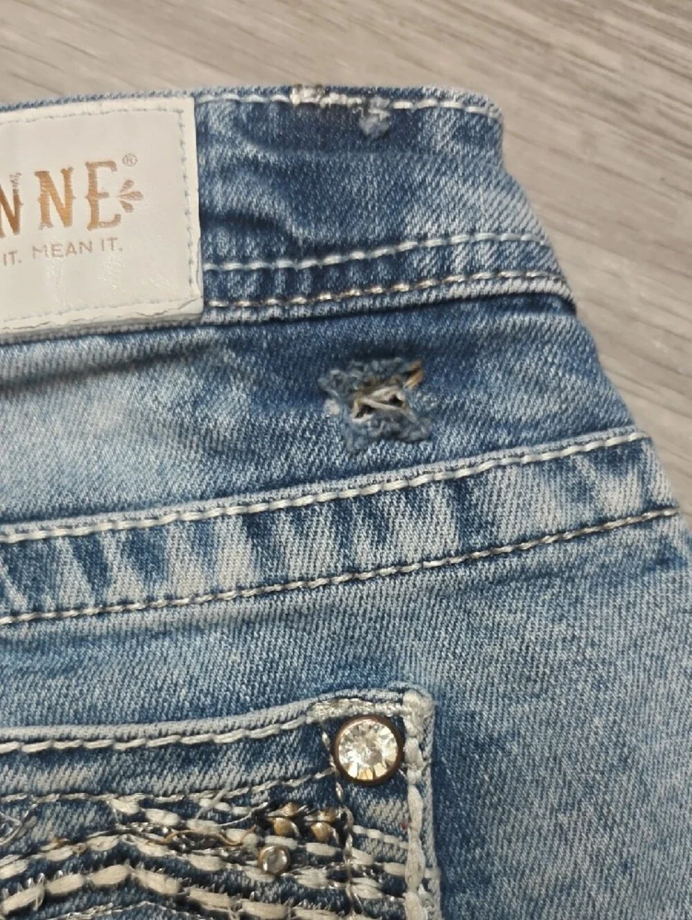 Light Wash Denim Short Shorts with Embellished Pockets